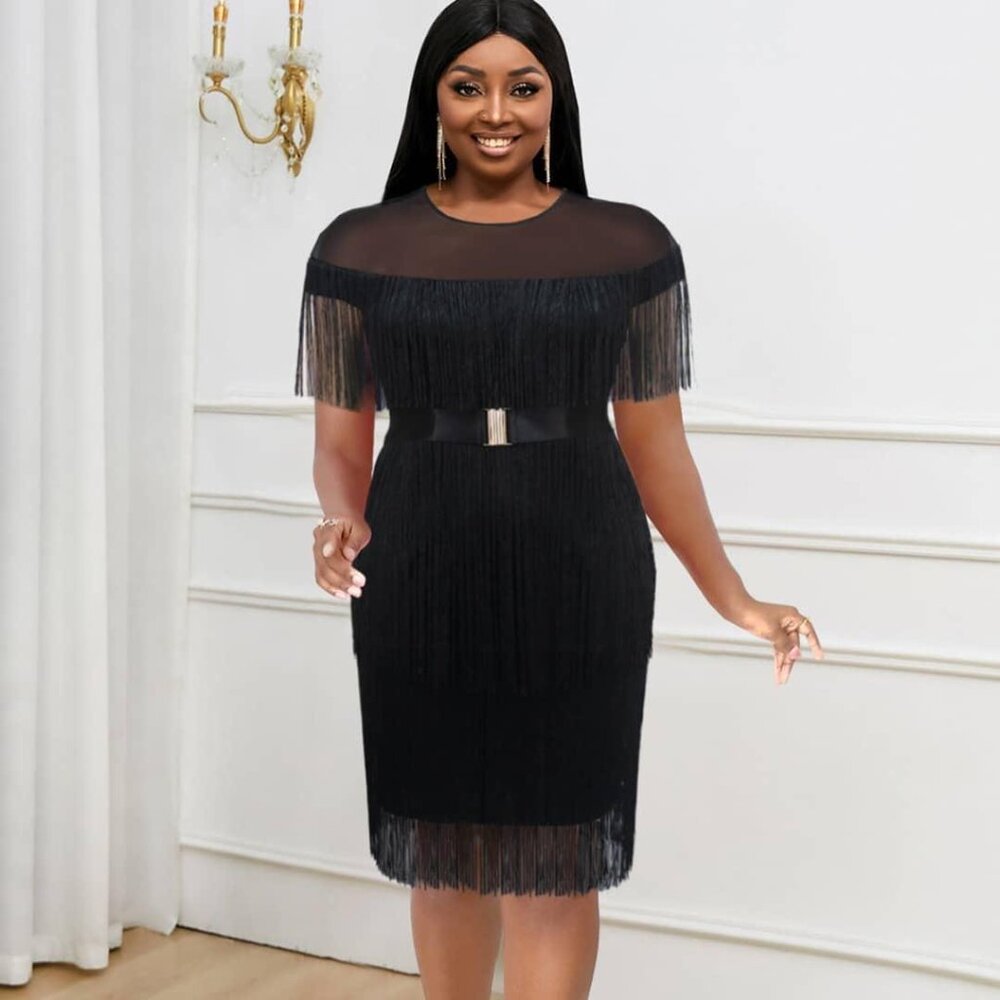 women's black fringe cocktail dress With belt M  L, XL